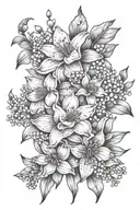 Flower bouquet tattoo design Daffodil, marigold, lily of the valley, forget me not and an aster tattoo design idea