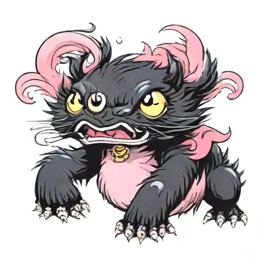fluffy pink and black cute monster, with cute collar tattoo design idea