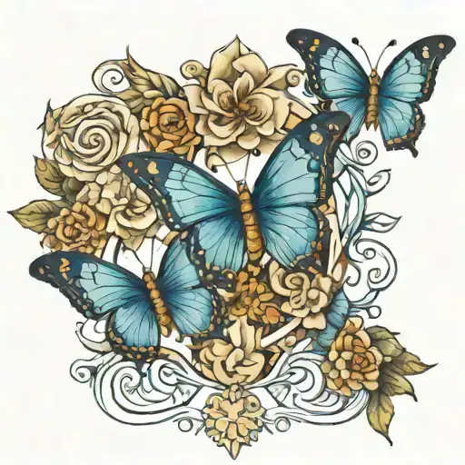 3 blue butterflies with cross surrounded tattoo design idea
