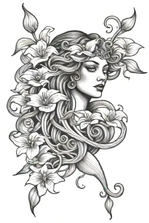 pretty medusa with calla lily flowers intertwined tattoo design idea
