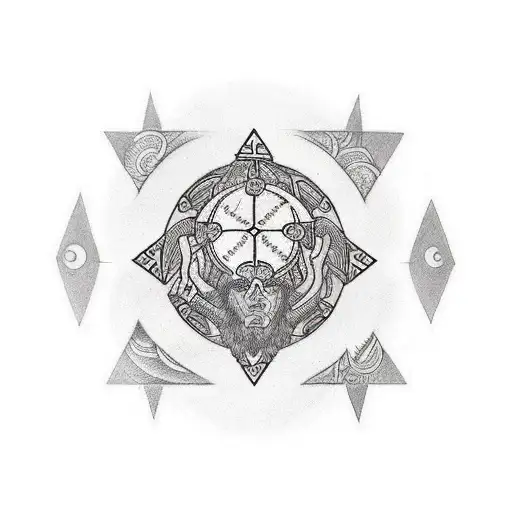 A Nordic Full Sleeve Tattoo with a beautiful woman in the center. adding in the helm of awe, the web of wyrd, vegvisir. tattoo design idea
