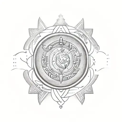 A Nordic Full Sleeve Tattoo with a beautiful woman in the center. adding in the helm of awe, the web of wyrd, vegvisir. tattoo design idea