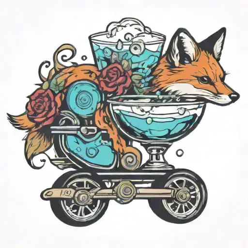 A cocktail glass with a fox silhouette inside, surrounded by roller skate wheels tattoo design idea