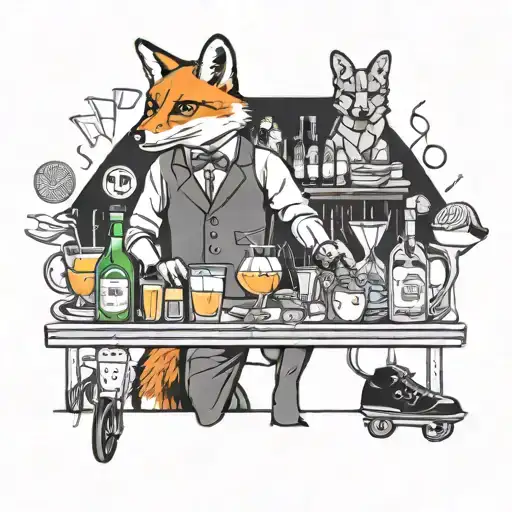 A fox bartender serving cocktails on roller skates, surrounded by various cocktail ingredients tattoo design idea
