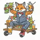 A fox bartender serving cocktails on roller skates, surrounded by various cocktail ingredients tattoo design idea