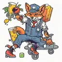 A fox bartender serving cocktails on roller skates, surrounded by various cocktail ingredients tattoo design idea