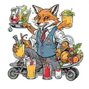 A fox bartender serving cocktails on roller skates, surrounded by various cocktail ingredients tattoo design idea
