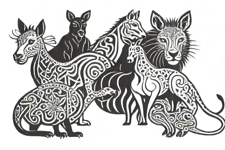 A whimsical, storybook like group of animals. A kangaroo, giraffe, camel, pig, and lion.  tattoo design idea