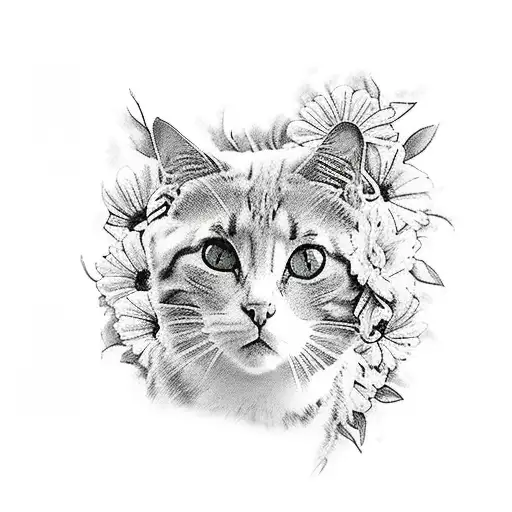 gato de perfil con flores blanco y negro tattoo design idea