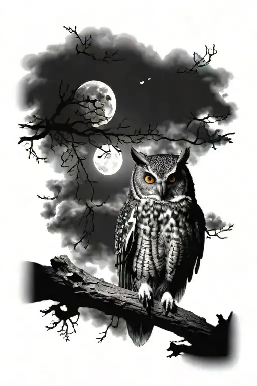 Owl  on a branch under the moon Darkness atmosphere  tattoo design idea