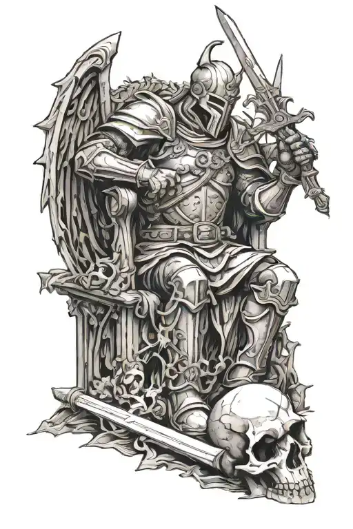 crusader knight stabbing a sword into satans throne atop a pile of skulls tattoo design idea