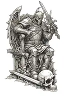crusader knight stabbing a sword into satans throne atop a pile of skulls tattoo design idea