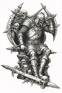 crusader knight stabbing a sword into satans throne atop a pile of skulls tattoo design idea