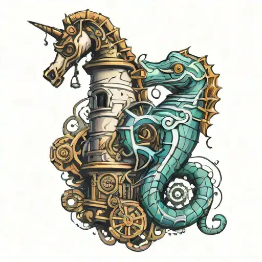 dead seahorse steam punk with light house tattoo design idea