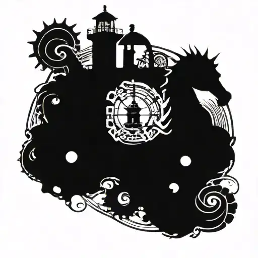 Gothic Steam punk theme with a dark dread looking seahorseas the center peice with a worn down light house with an ancho tattoo design idea