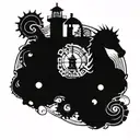 Gothic Steam punk theme with a dark dread looking seahorseas the center peice with a worn down light house with an ancho tattoo design idea