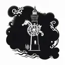 Gothic Steam punk theme with a dark dread looking seahorseas the center peice with a worn down light house with an ancho tattoo design idea