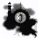 Gothic Steam punk theme with a dark dread looking seahorseas the center peice with a worn down light house with an ancho tattoo design idea