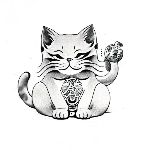 maneki neko laying on the back tattoo design idea