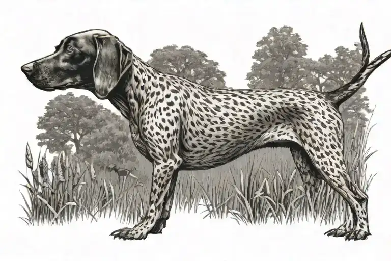 German shorthaired pointer hunting a bird with grass in backdrop. also the name duke under the dog. make it realistic. tattoo design idea