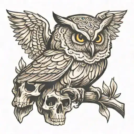 owl perched on skull  tattoo design idea