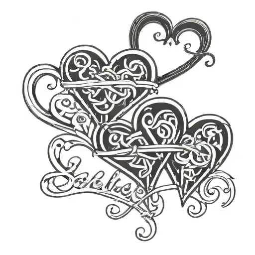A tattoo design featuring three intertwined hearts with the names Isabella, Andrea, and Asbjørn incorporated in a creative way tattoo design idea