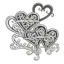 A tattoo design featuring three intertwined hearts with the names Isabella, Andrea, and Asbjørn incorporated in a creative way tattoo design idea