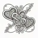 A tattoo design featuring three intertwined hearts with the names Isabella, Andrea, and Asbjørn incorporated in a creative way tattoo design idea