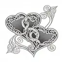 A tattoo design featuring three intertwined hearts with the names Isabella, Andrea, and Asbjørn incorporated in a creative way tattoo design idea
