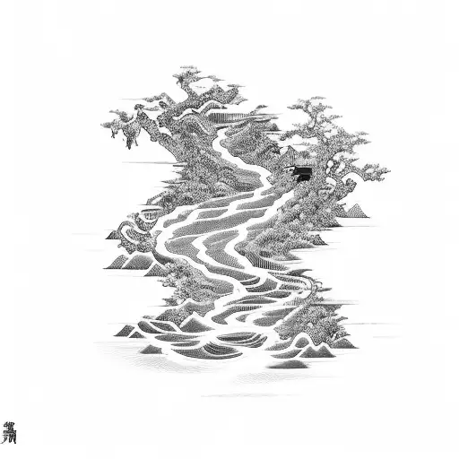 Hacking code flowing like a river through a traditional Japanese landscape tattoo design idea