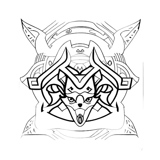 kitsune with hacker symbol on the forehead tattoo design idea
