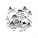 Hacking code flowing like a river through a traditional Japanese landscape tattoo design idea