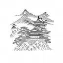 Hacking code flowing like a river through a traditional Japanese landscape tattoo design idea
