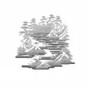 Hacking code flowing like a river through a traditional Japanese landscape tattoo design idea