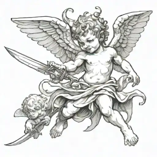 Drawing of Demonic Cherub Holding a Reaper Down Sword black and white  tattoo design idea