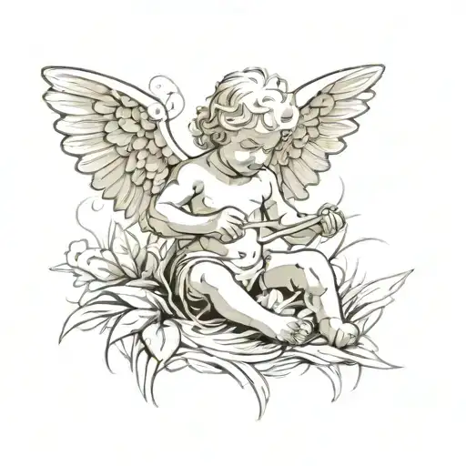 abstract cherub with down mowing tattoo design idea