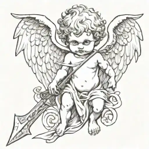 Drawing of Demonic Cherub Holding a Reaper Down Sword with Wings tattoo design idea