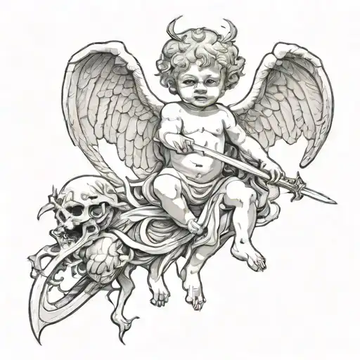 Drawing of Demonic Cherub Holding a Reaper Down tattoo design idea