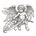 Drawing of Demonic Cherub Holding a Reaper Down tattoo design idea