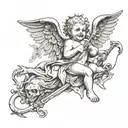 Drawing of Demonic Cherub Holding a Reaper Down tattoo design idea