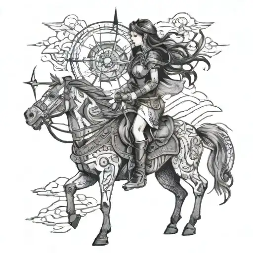 a warrior on a horse, a girl, a wolf, a compass tattoo design idea