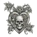 A gothic-inspired heart locket with a skull and roses motif tattoo design idea