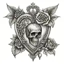 A gothic-inspired heart locket with a skull and roses motif tattoo design idea