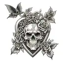 A gothic-inspired heart locket with a skull and roses motif tattoo design idea