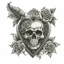 A gothic-inspired heart locket with a skull and roses motif tattoo design idea