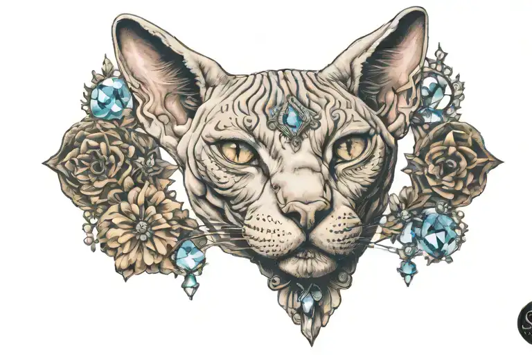a Sphynx cat chest piece in colour with space around it and crystals  tattoo design idea