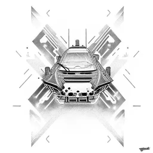 A JDM car with a cyberpunk cityscape as the background in a dotwork style tattoo design idea
