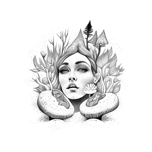 mother earth forest godess with trees flowers mushrooms tattoo design idea