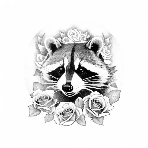 raccoon with roses in black and white on pecs tattoo design idea