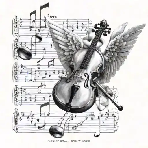 A celestial orchestra playing music under the guidance of an angel conductor, with the numbers 111, 222, 333, 555, 777, and 11:11 written on the music sheets tattoo design idea